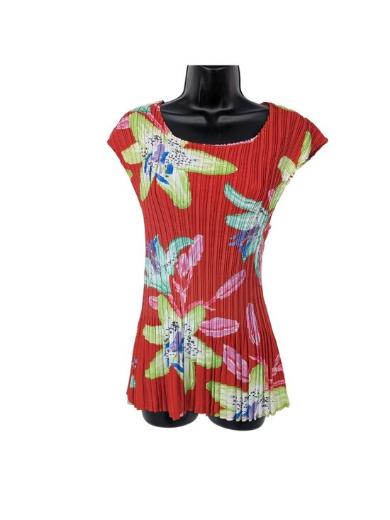 Milano Tops - Pleated Floral Top Abstract Botanical‎ Cottage Resort Accordion Artsy Y2K Large